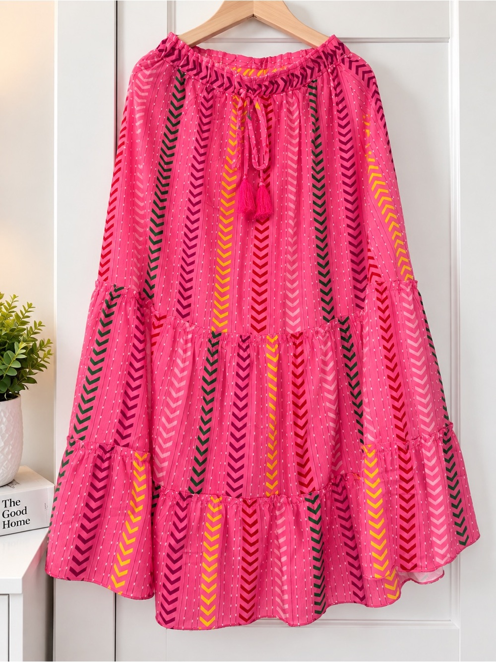 Boho Tiered Pink Maxi Skirt with Tassel Waist